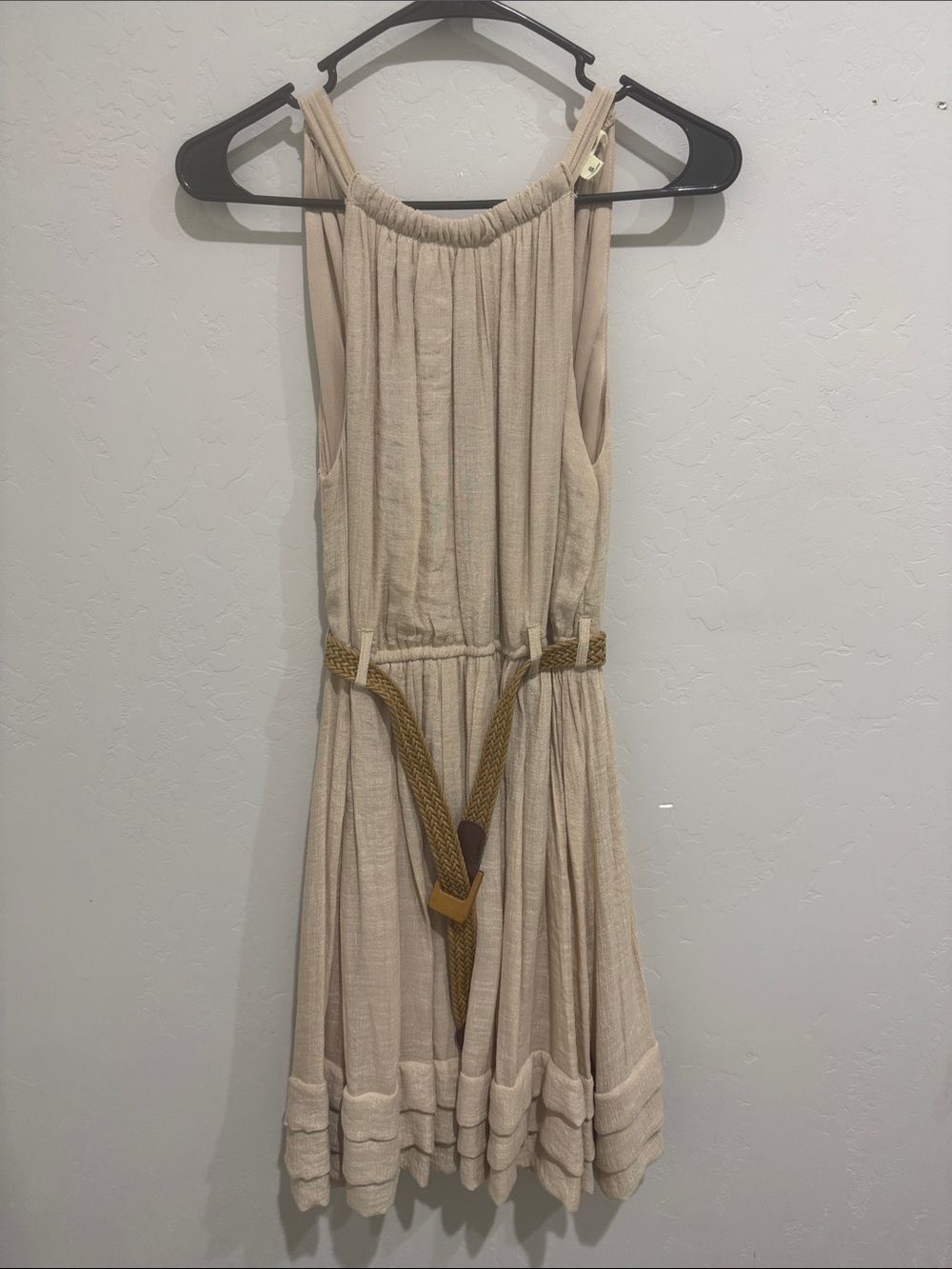 Tan Sleeveless Boho Midi Dress with Braided Belt